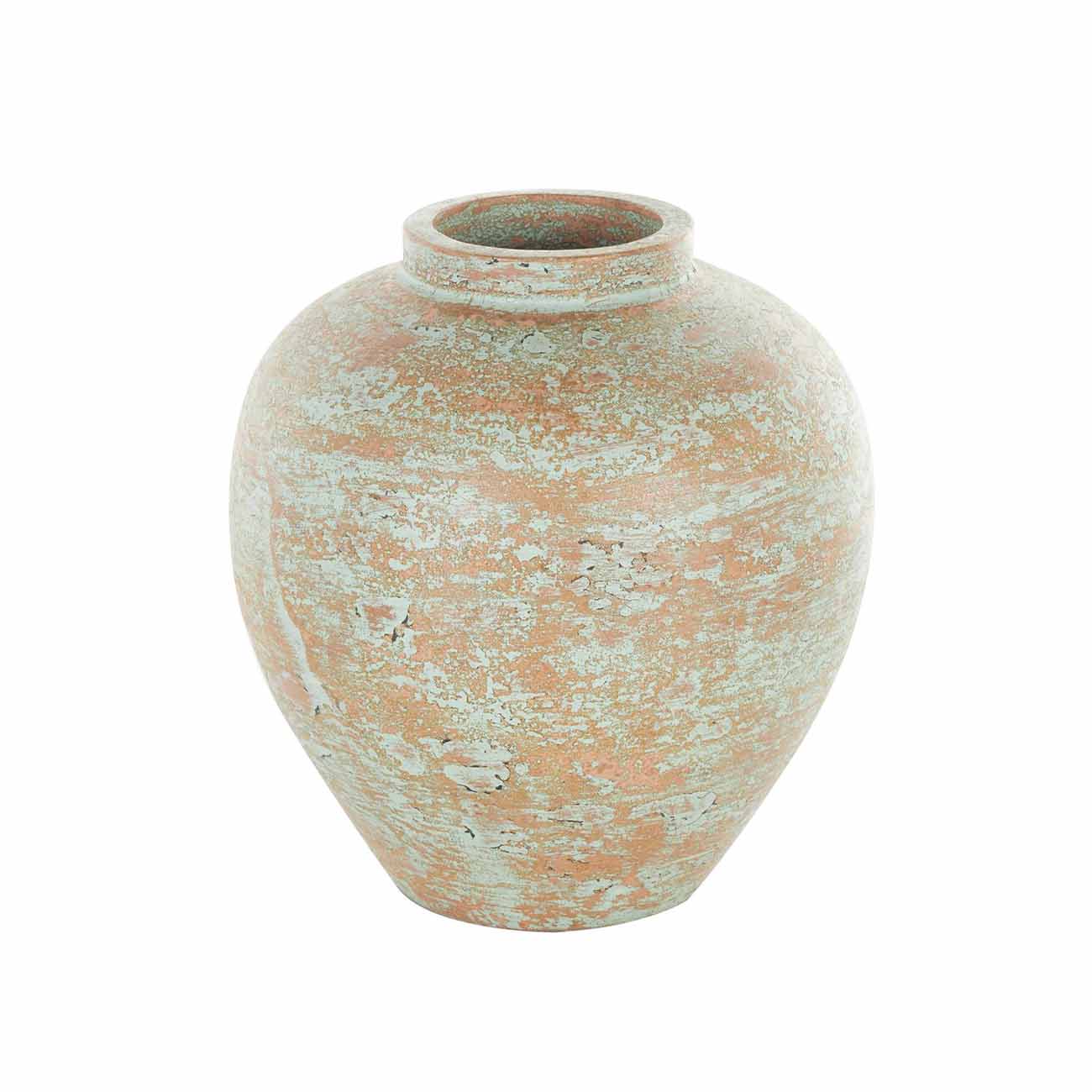 Jarron redondo de ceramica marron con textura pátina