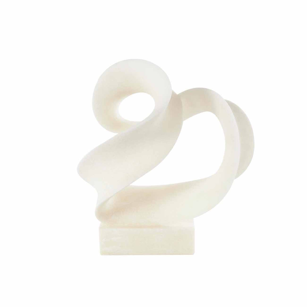 Escultura abstracta de polipiedra blanca con ondas retorcidas y base elevada