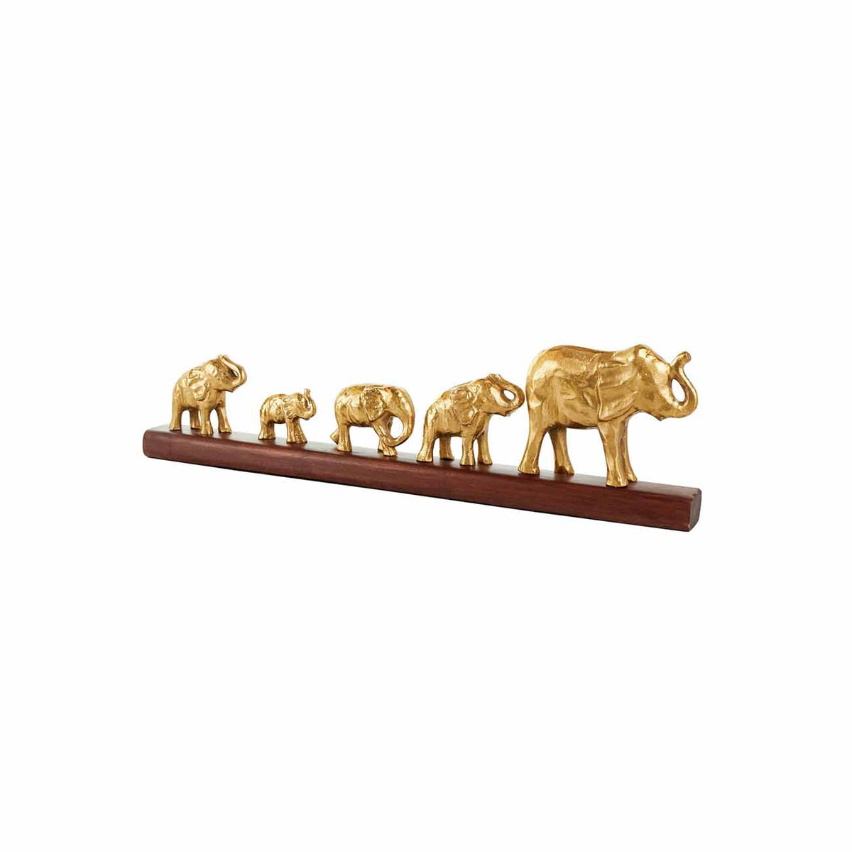 Escultura de familia de elefantes en aluminio dorado con base de madera marron