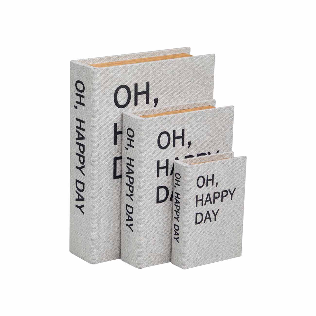 Juego de 3 cajas con forma de libro en tela de lino gris claro y paginas doradas