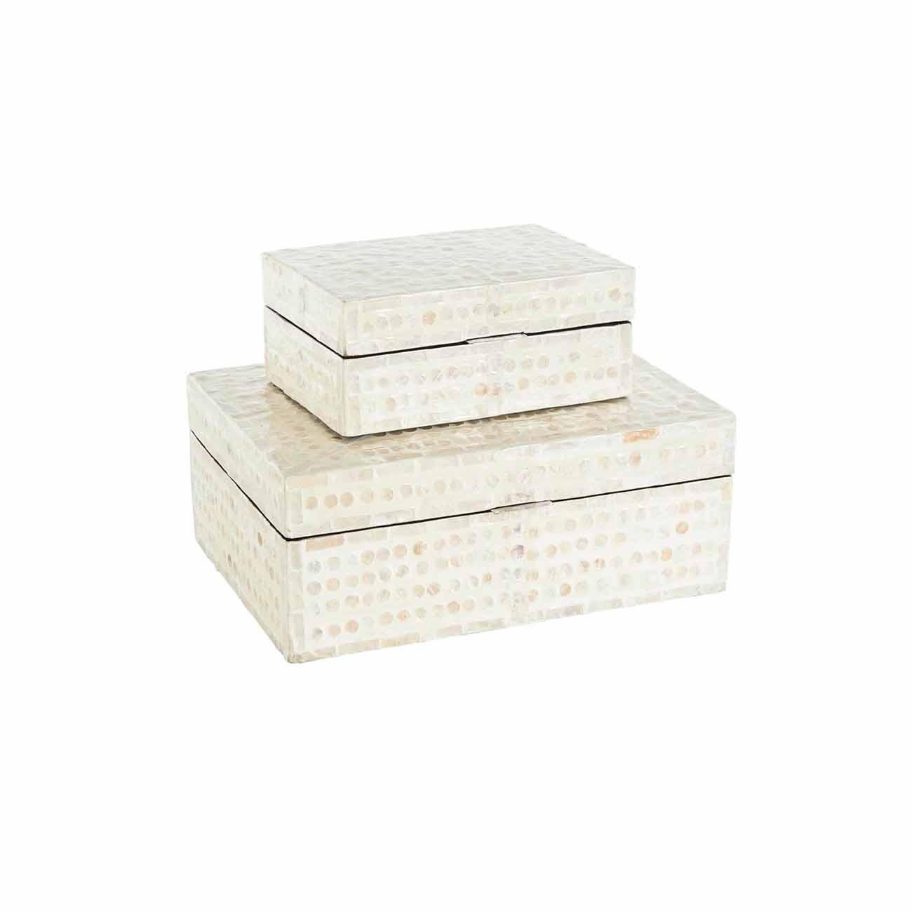 Juego de 2 cajas decorativas hechas a mano con nacar color crema y detalles marrones