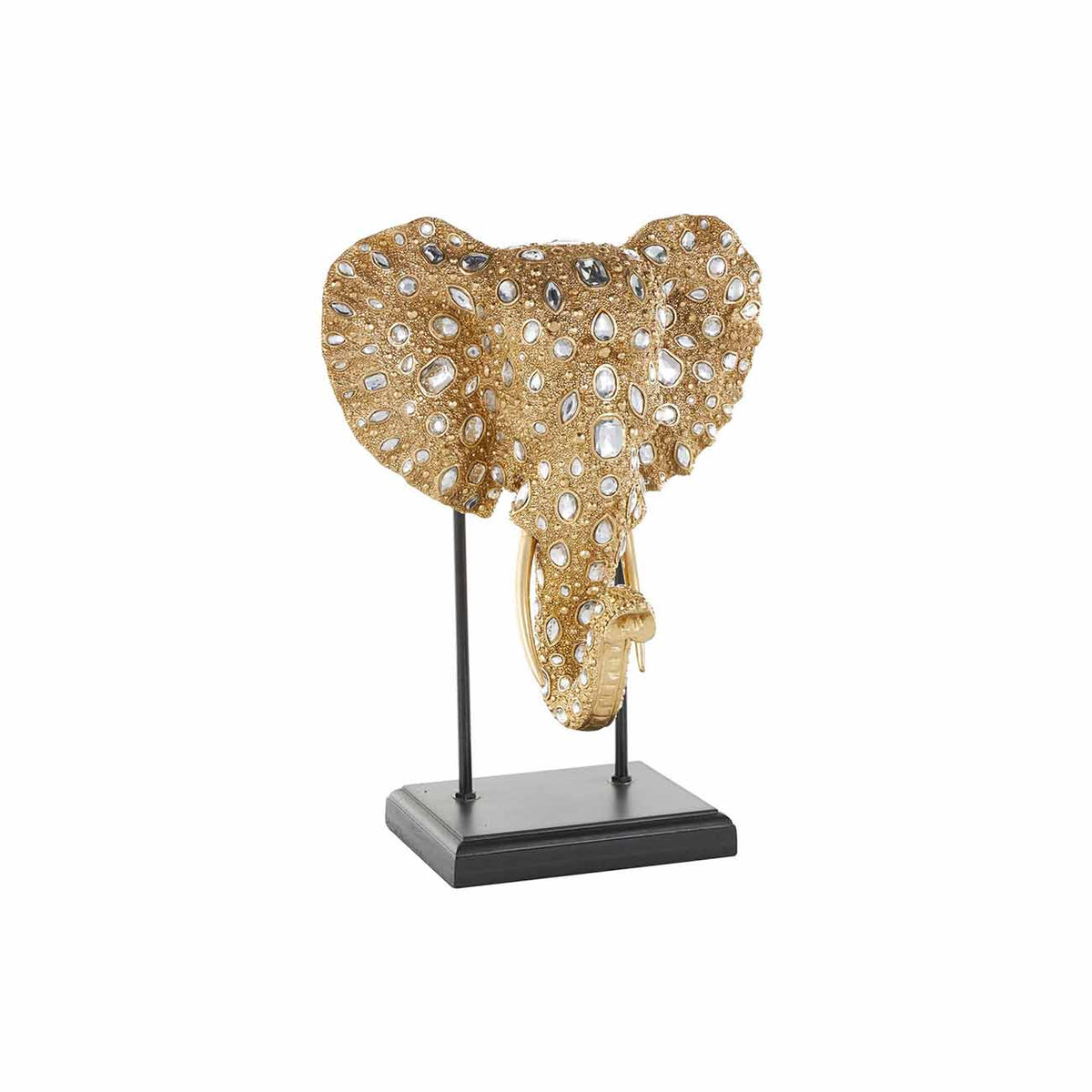 Escultura elefante de resina dorada con detalles de diamantes y base de metal negro