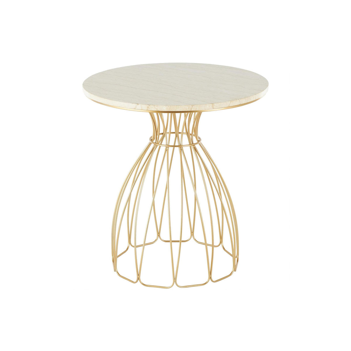 Mesa auxiliar de metal dorado con diseño floral y tablero de marmol crema