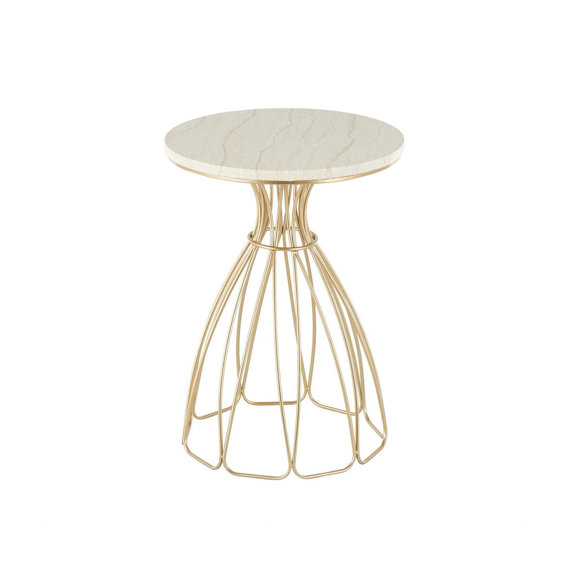 Mesa auxiliar de metal dorado con diseño floral y tablero de marmol crema