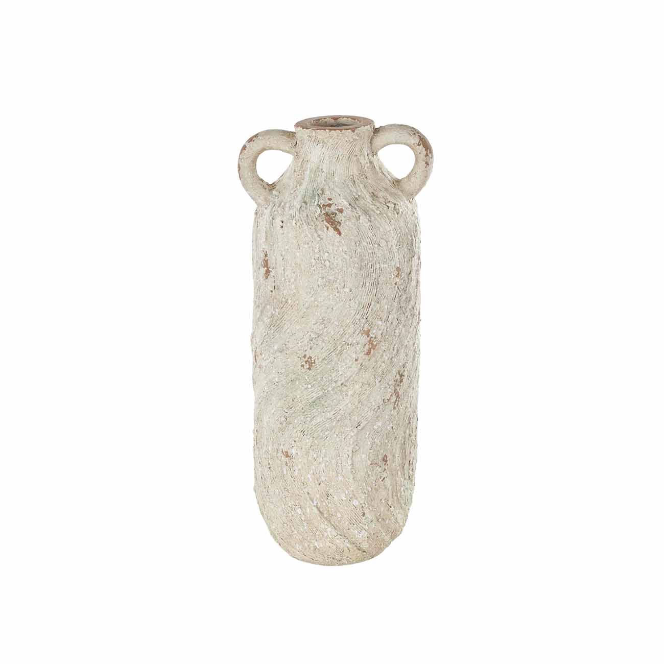 Jarron decorativo de anfora con textura antigua y dos asas pequeñas