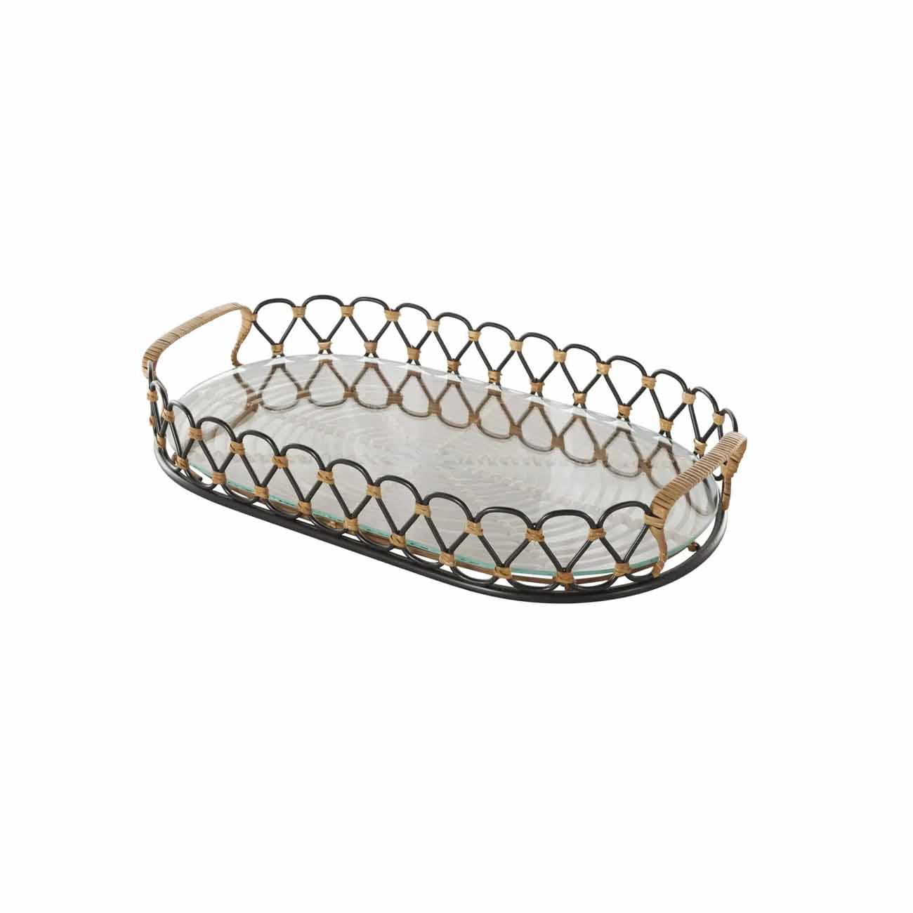 Bandeja circular tejida de metal negro con ratán marron y base de vidrio