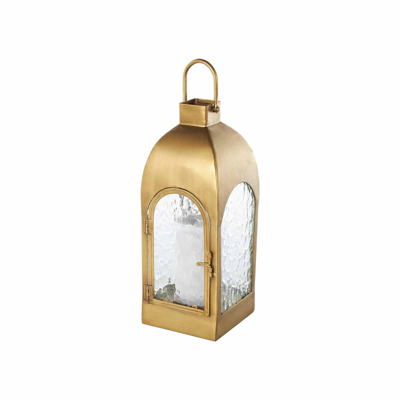 Farol de vela arqueado de metal dorado con asa superior