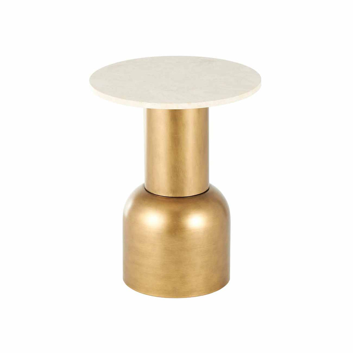 Mesa auxiliar de metal dorado con pedestal y tablero de marmol crema