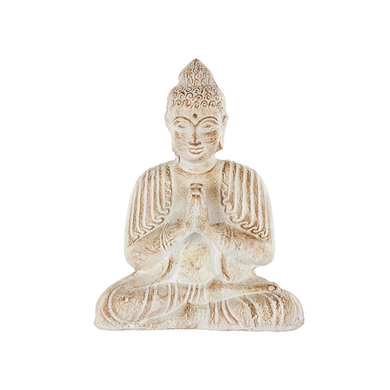 Escultura de buda tallada a mano en papel maché crema efecto desgastado marron