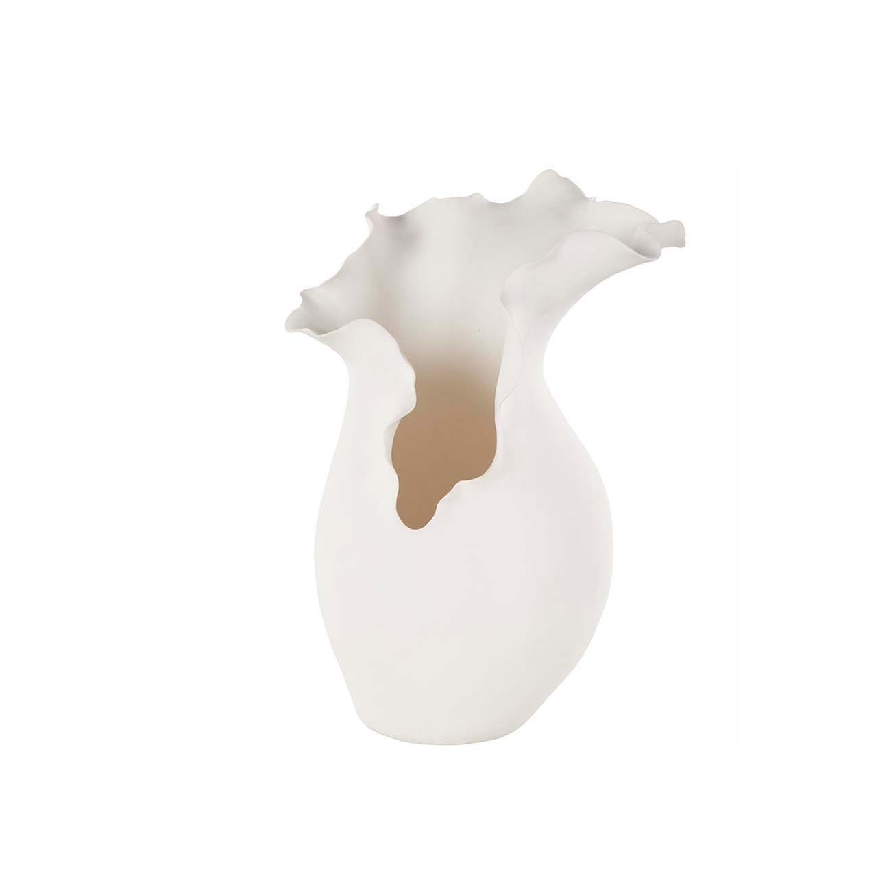 Jarron de ceramica blanca con diseño floral y borde ondulado