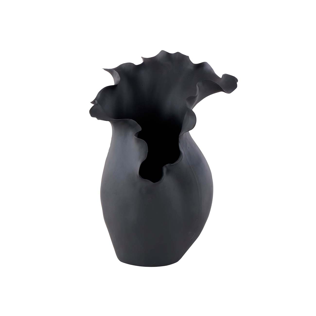 Jarron de ceramica negra con diseño floral y borde ondulado