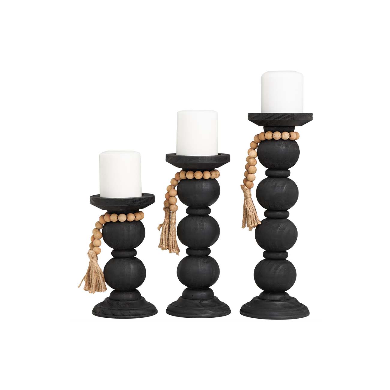 Juego de 3 Candelabros en madera negra mate con detalles en cuerda de yute