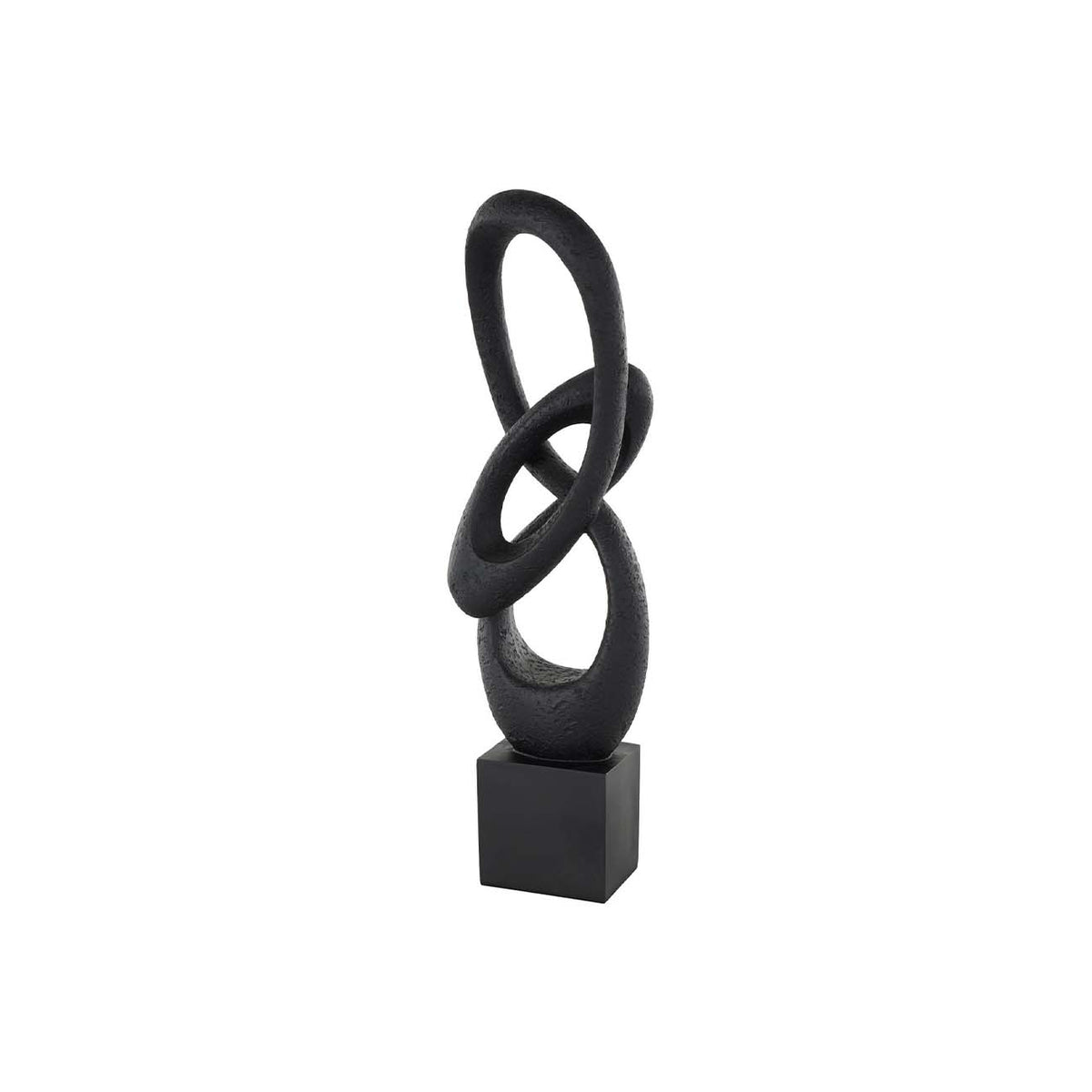 Escultura de polipiedra en negro con bucles entrelazados y base de bloque