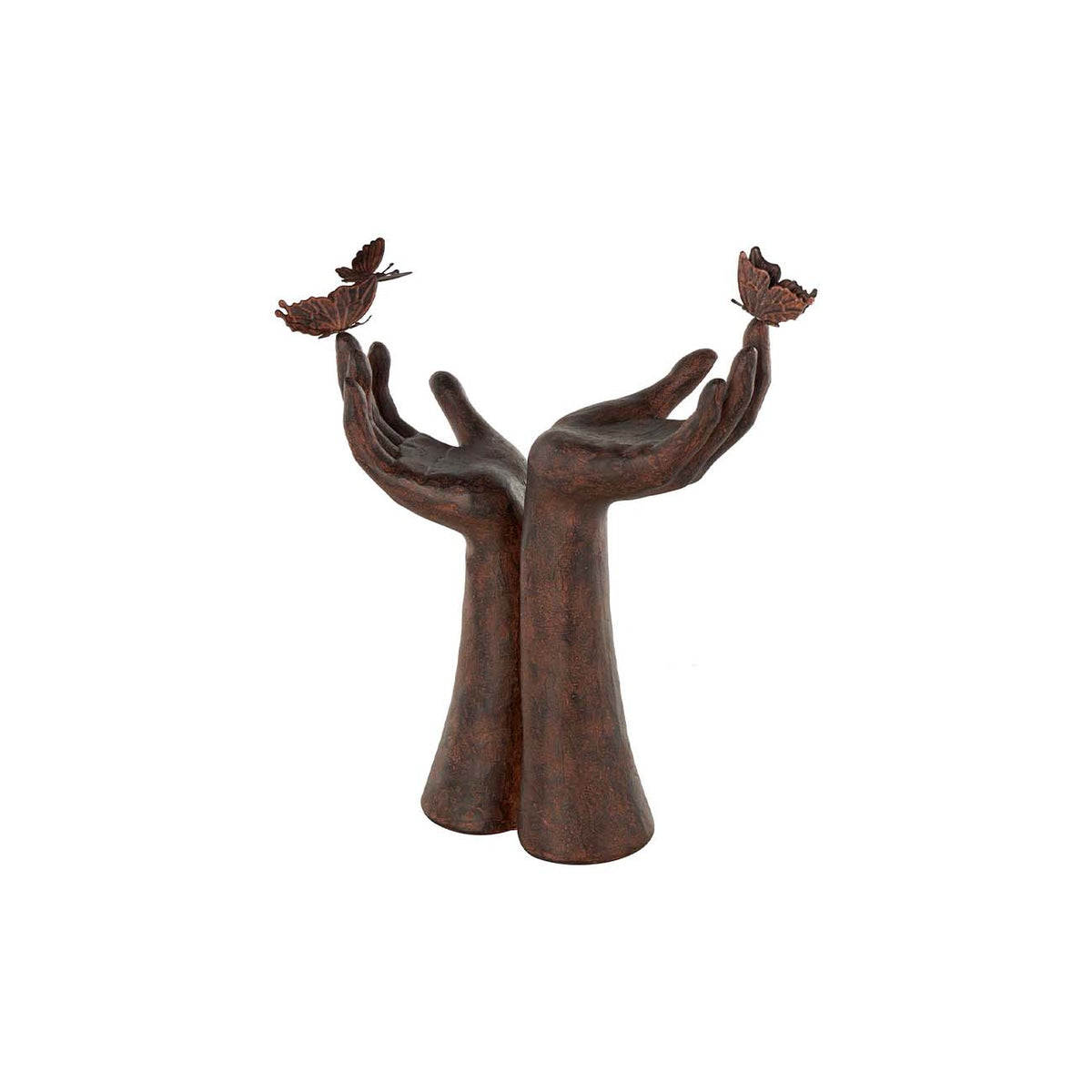Escultura de polipiedra marron oscuro con manos en alto y detalles de mariposas