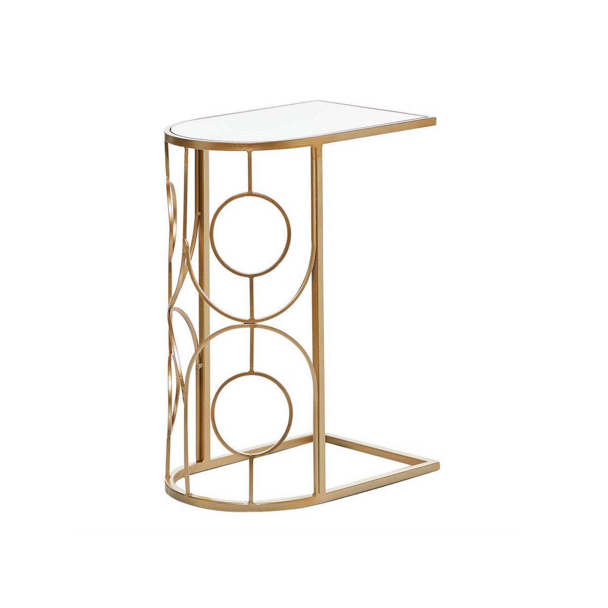 Mesa geometrica de metal dorado con tablero de vidrio espejado