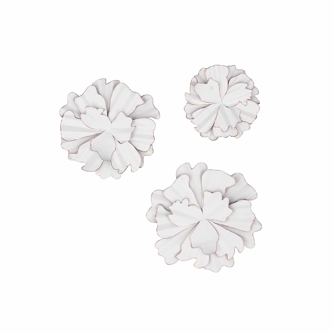 Juego de 3 Decoraciones de pared floral 3D de metal blanco con bordes dorados