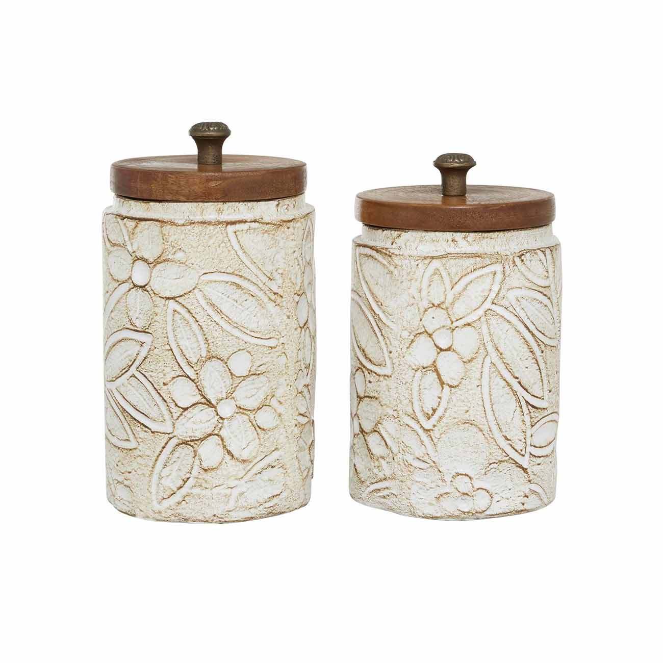 Juego de 2 jarrones de ceramica blanca con diseño floral hechos a mano con tapas de madera