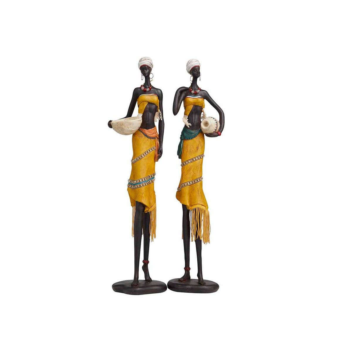 Juego de 2 mujeres africanas de poliresina amarilla hechas a mano