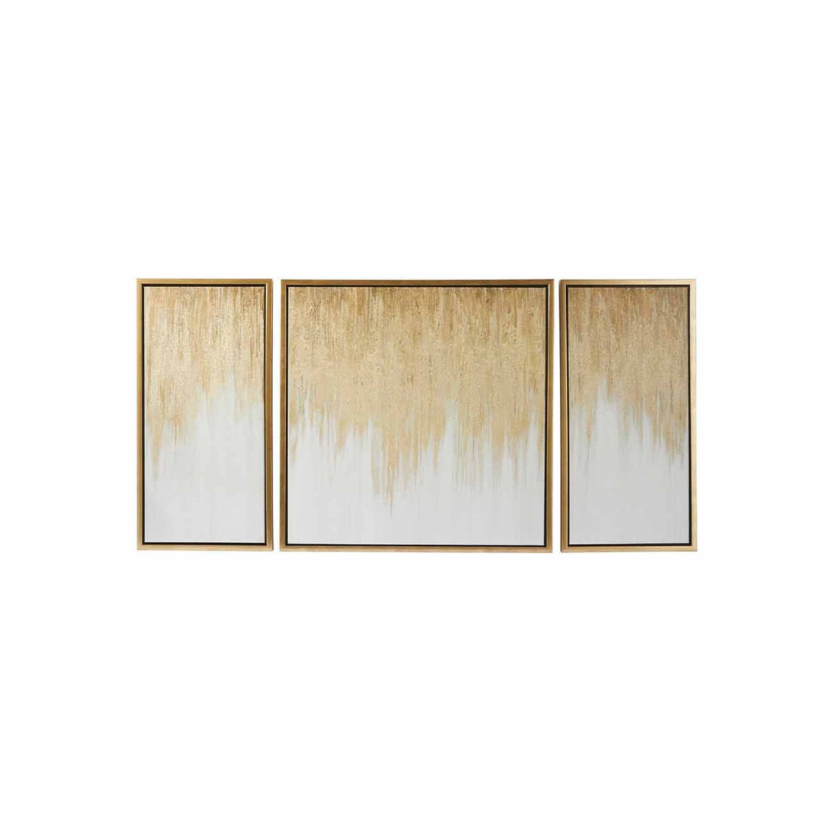Juego de 3 lienzos abstractos con marco de goteo dorado