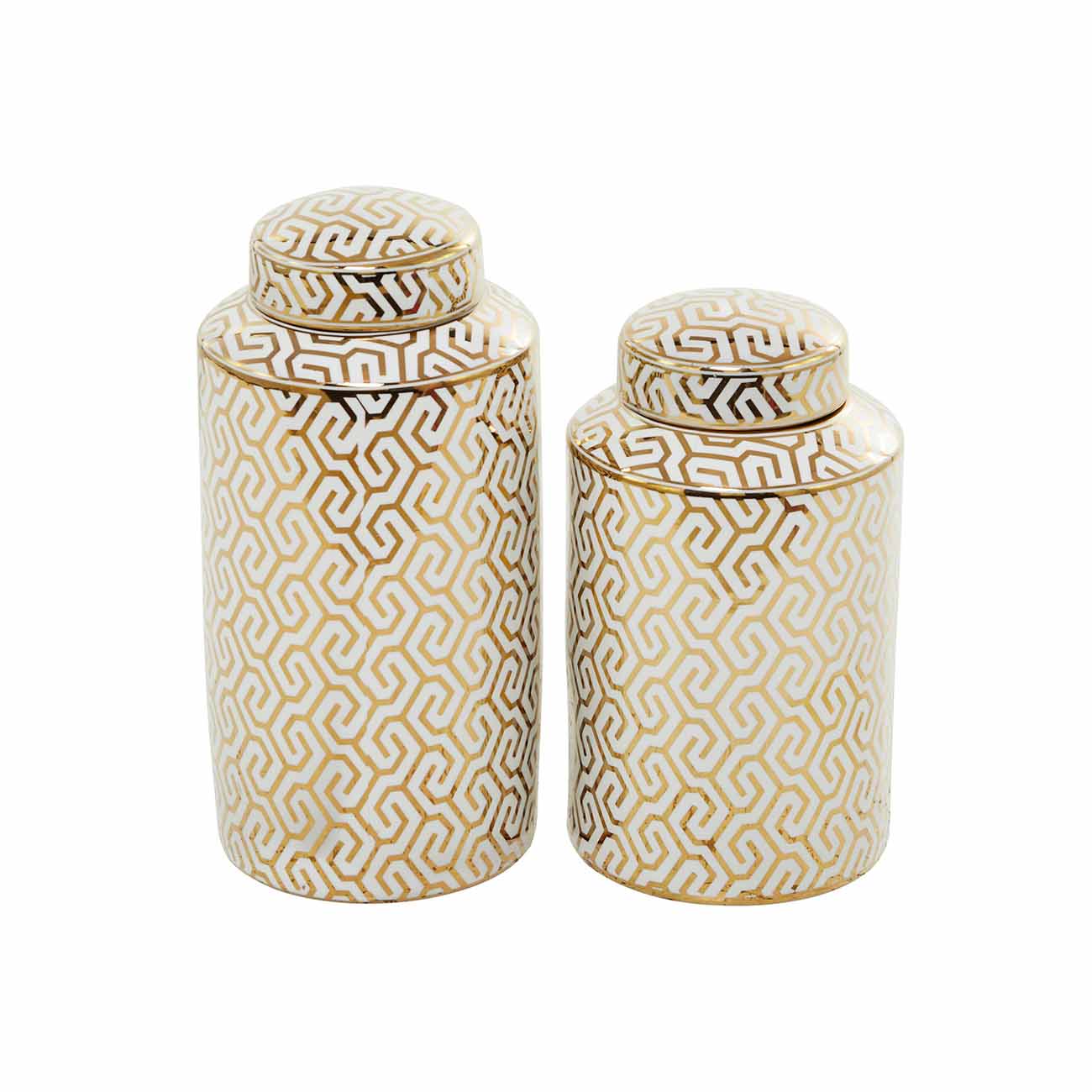 Juego de 2 jarrones geometricos de ceramica dorada con detalles blancos