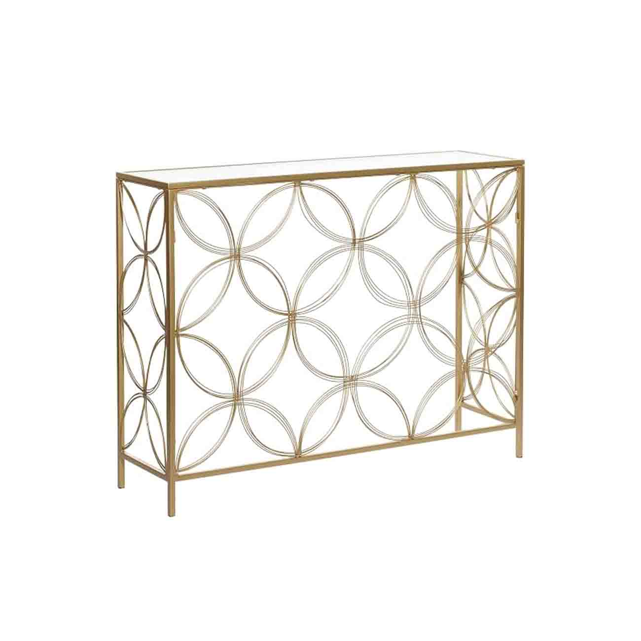 Consola de metal dorado con marco geometrico abierto