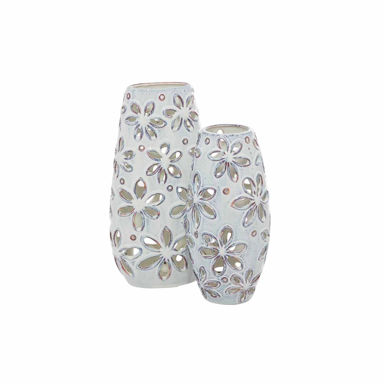 Juego de 2 jarrones de ceramica blanca con diseño floral
