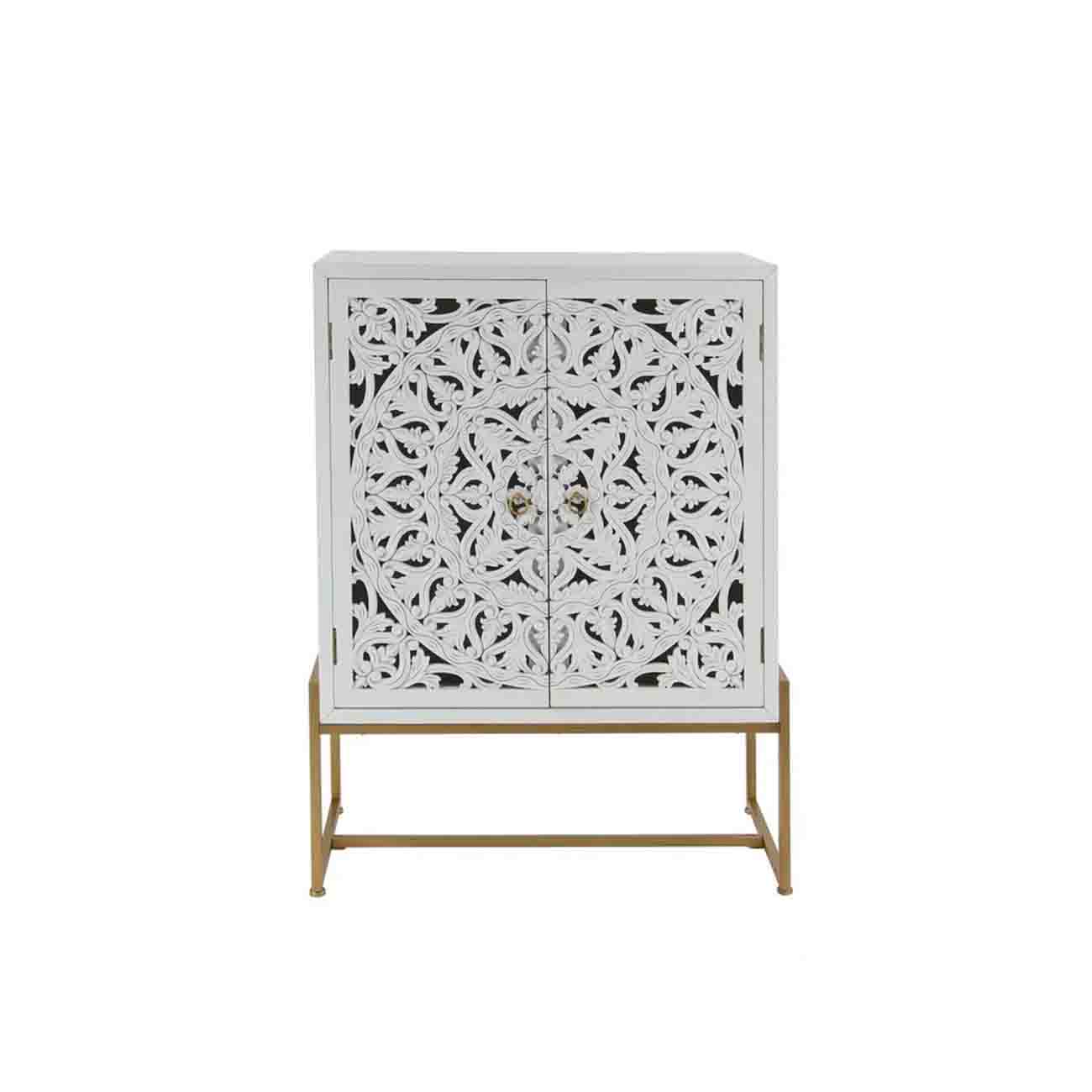 Armario de madera blanca con dos puertas tallado a mano con motivos florales