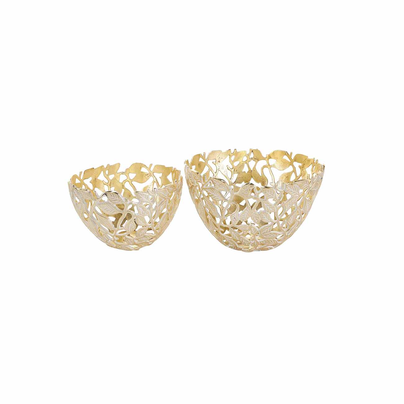 Juego de 2 bowls grandes de aluminio dorado con detalles en blanco