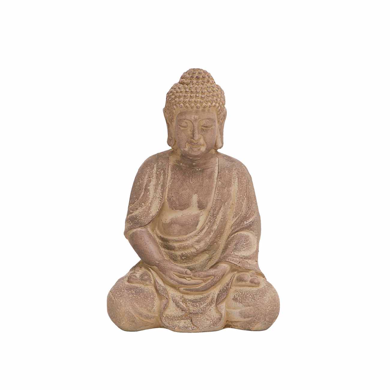 Escultura de buda meditando de ceramica beige con detalles en relieve