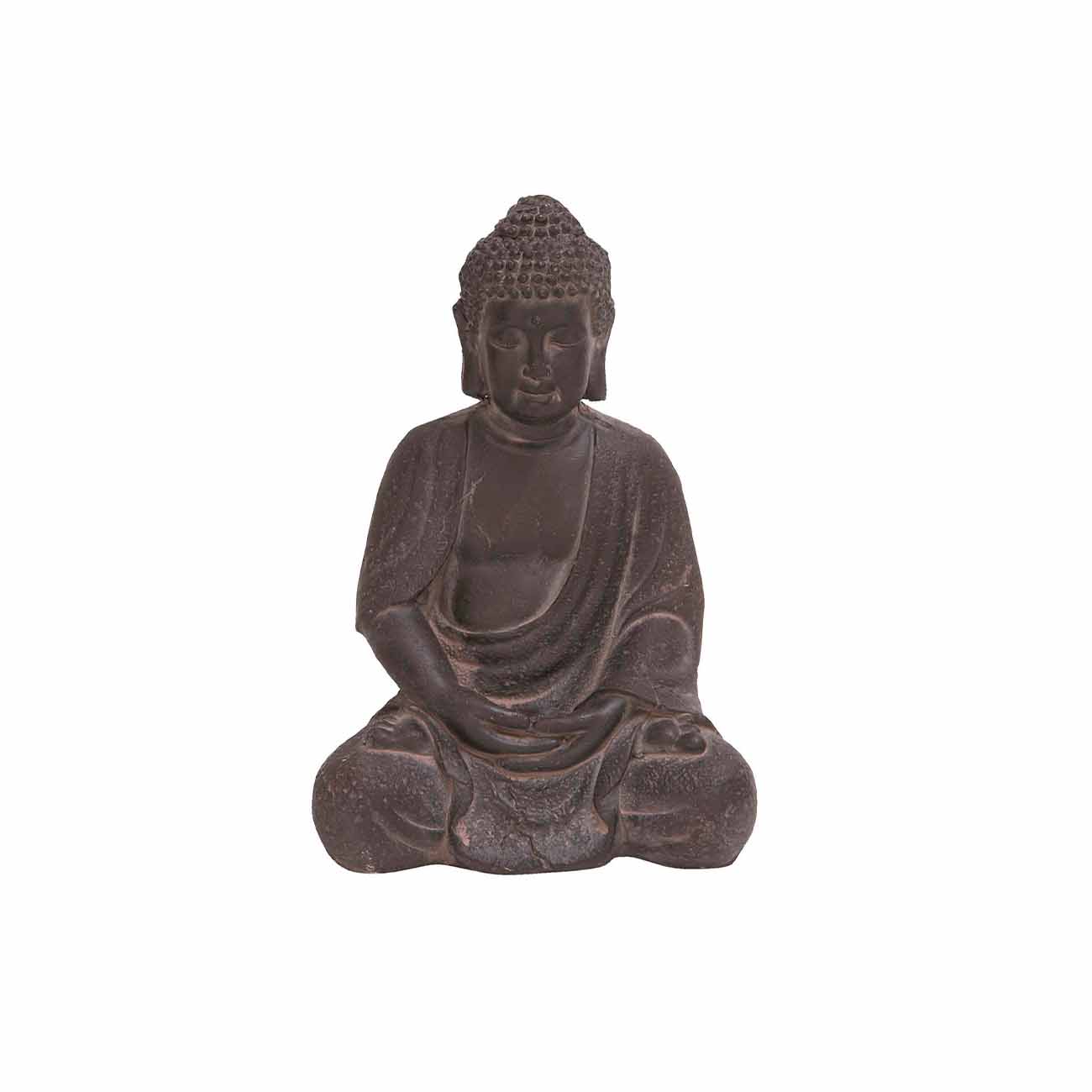 Escultura de buda meditando de ceramica gris oscura de cosmoliving con detalles en relieve