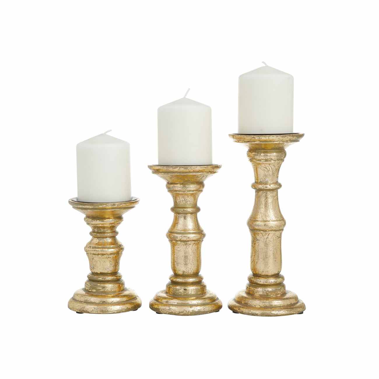 Juego de 3 candelabros de pilar de madera dorada estilo torneado