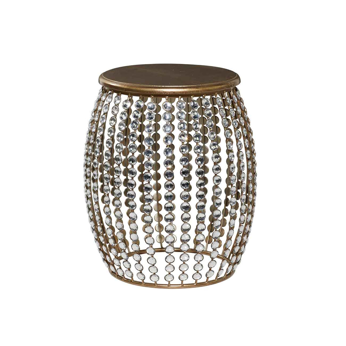 Mesa auxiliar de metal dorado con marco abierto y adornos de cristal