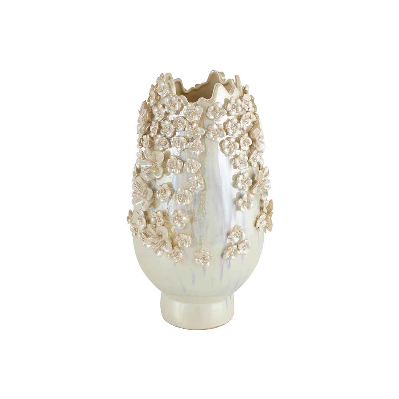 Jarron floral 3D de ceramica color crema con esmalte iridiscente