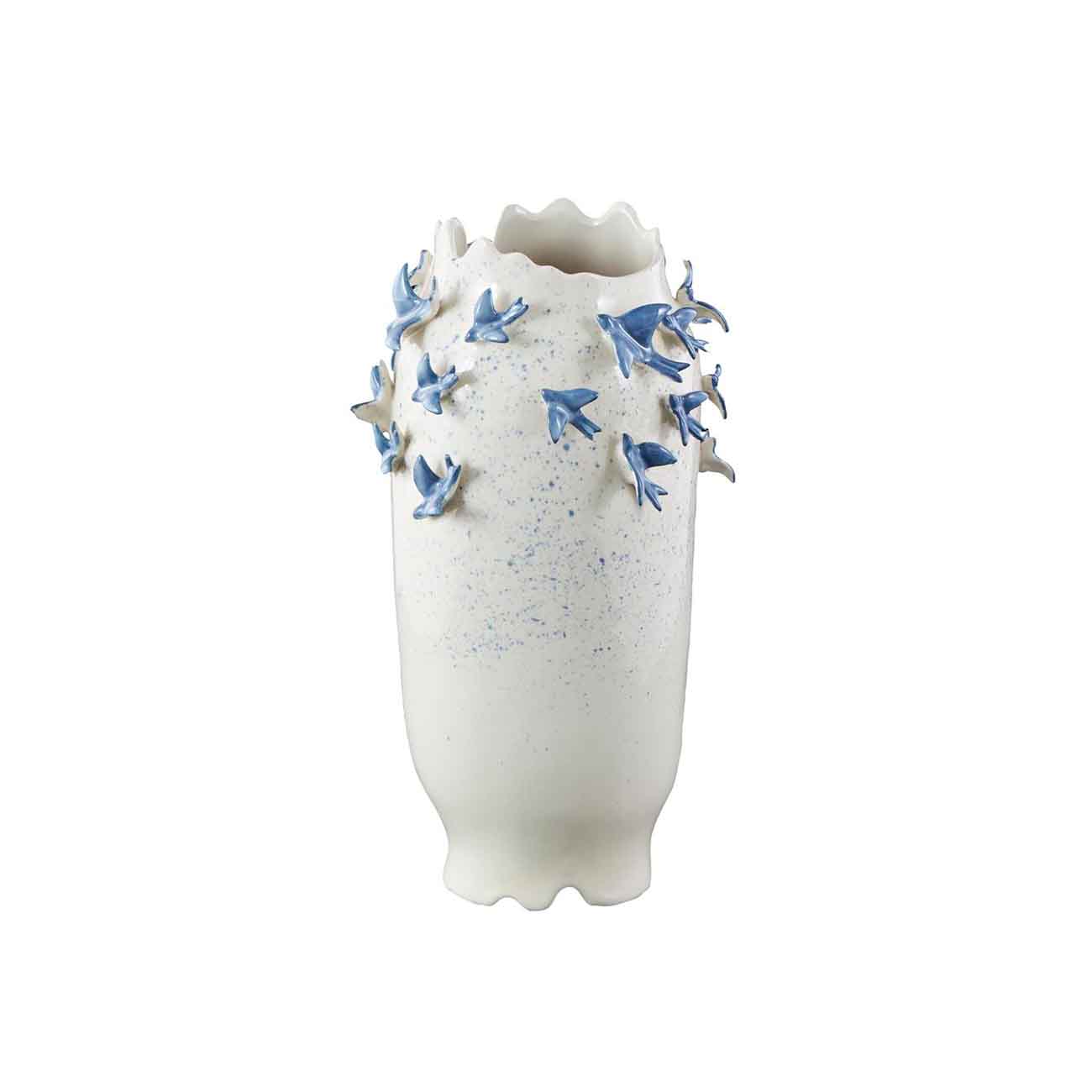 Jarron 3D de ceramica blanca con detalles de pajaros azules