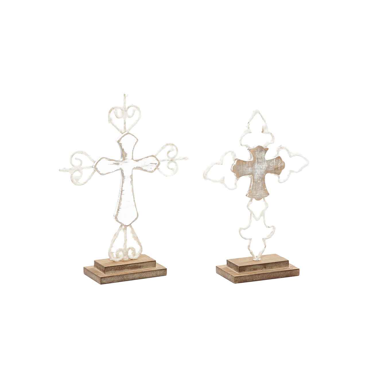 Juego de 2 esculturas de cruz biblica en madera marron con acabado blanco mate