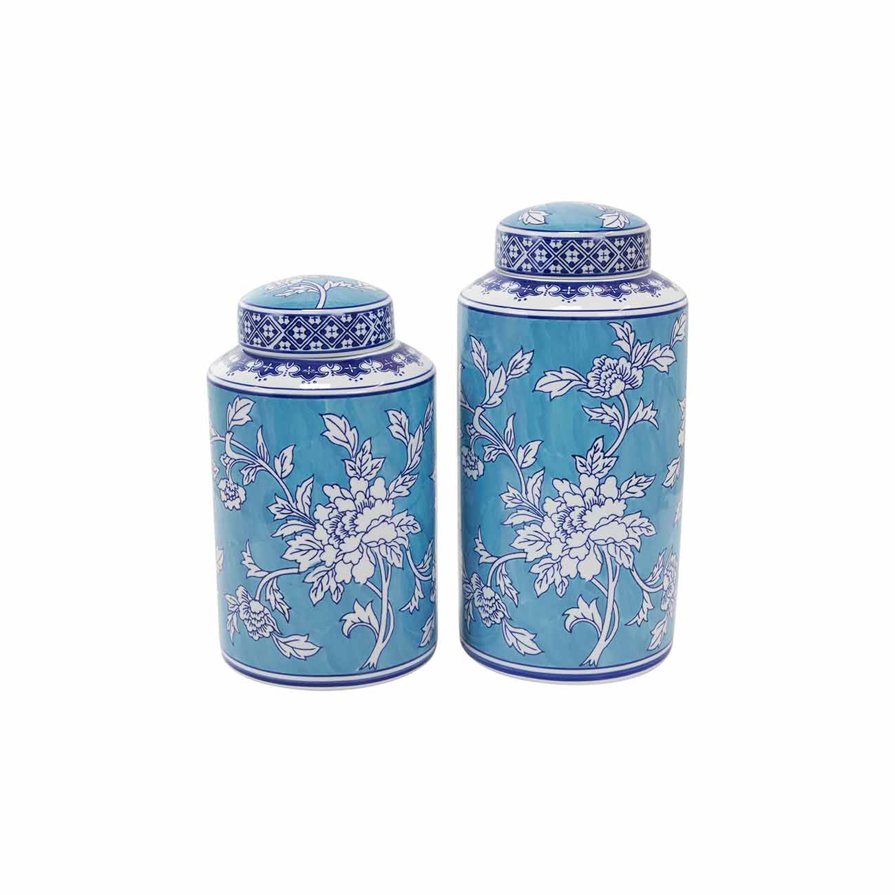 Juego de 2 jarrones de ceramica azul con detalles florales blancos
