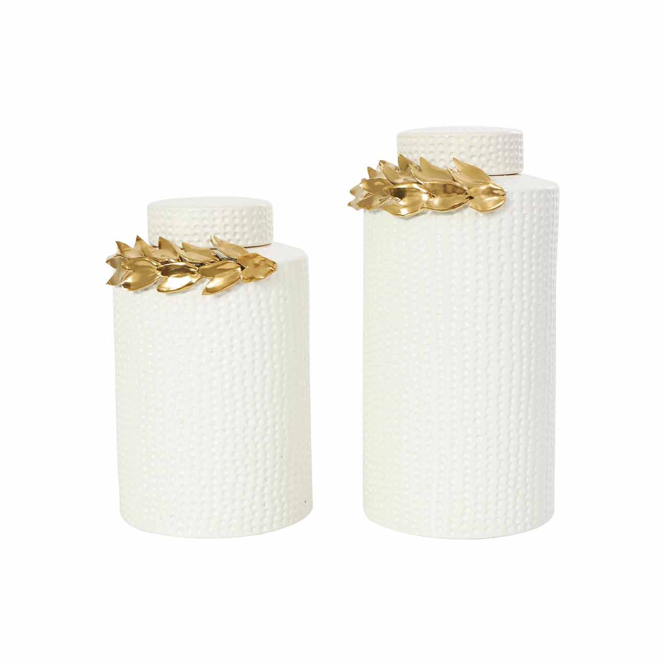 Juego de 2 jarrones de ceramica blanca con diseño de hojas y detalles dorados