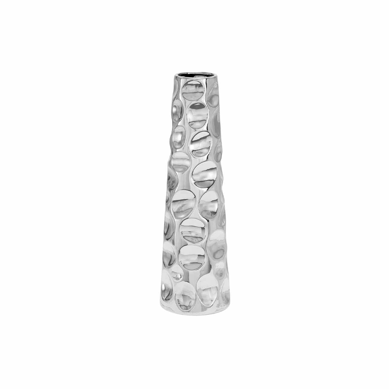 Jarron de ceramica plateada en forma de cono con textura de burbujas cóncavas