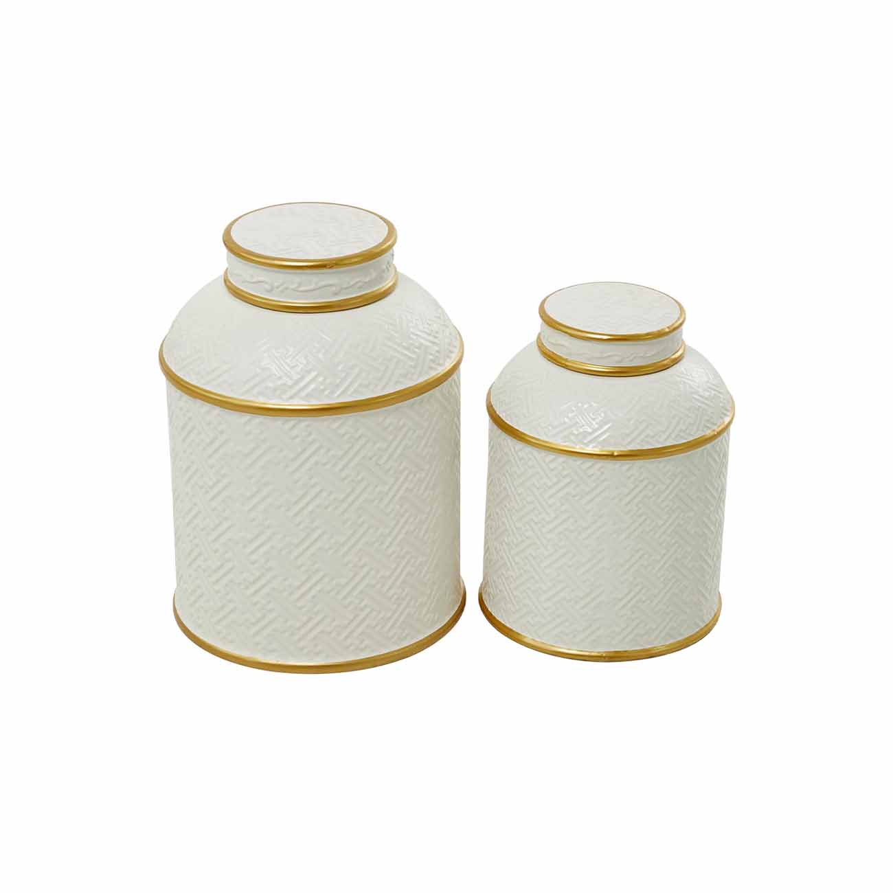 Juego de 2 jarrones de ceramica blanca con detalles dorados