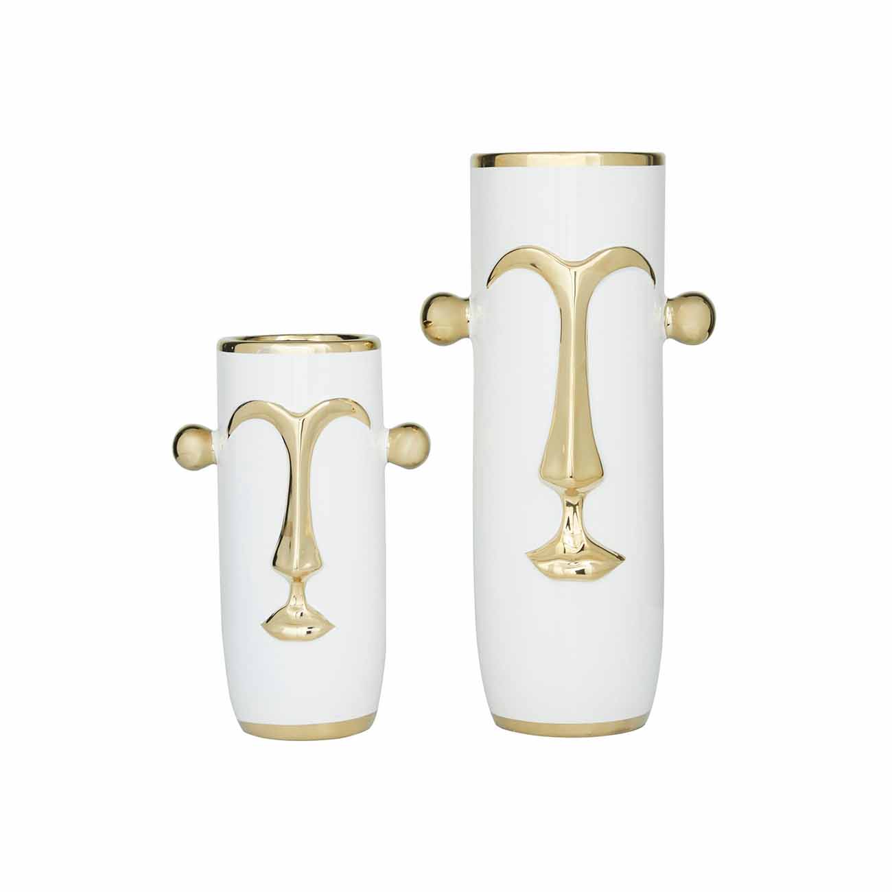 Juego de 2 jarrones de ceramica blanca con detalles dorados