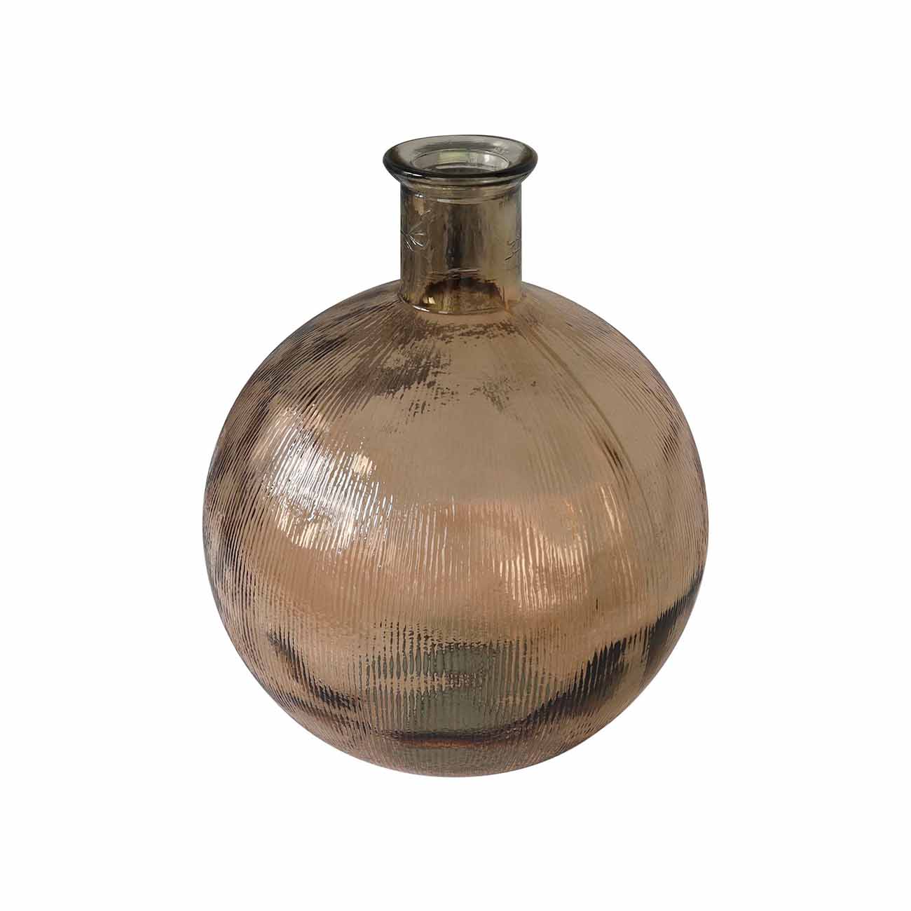 Jarron de vidrio reciclado marron con cuello de botella acanalado