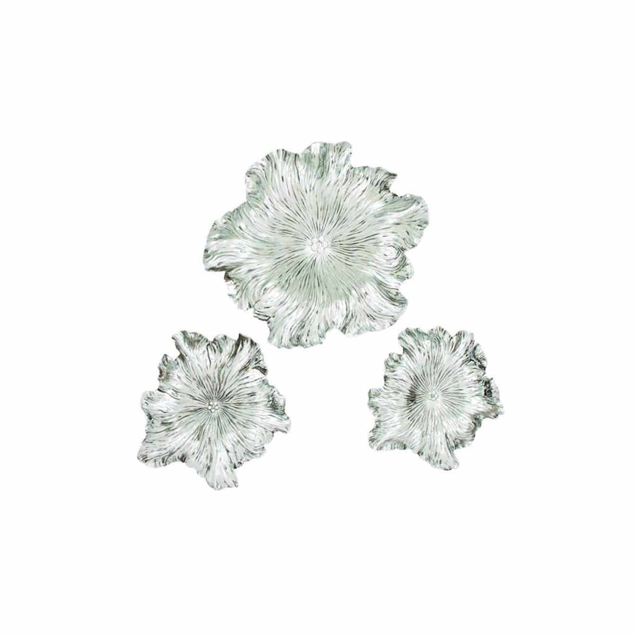 Juego de 3 decoraciones de pared floral 3D de polipiedra plateado