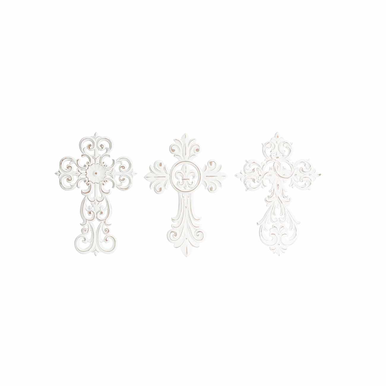 Juego de 3 cruces de madera blanca tallada