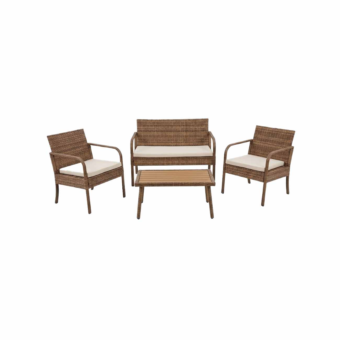 Set de 3 bancas y mesa de centro cuadrada para exterior color cafe