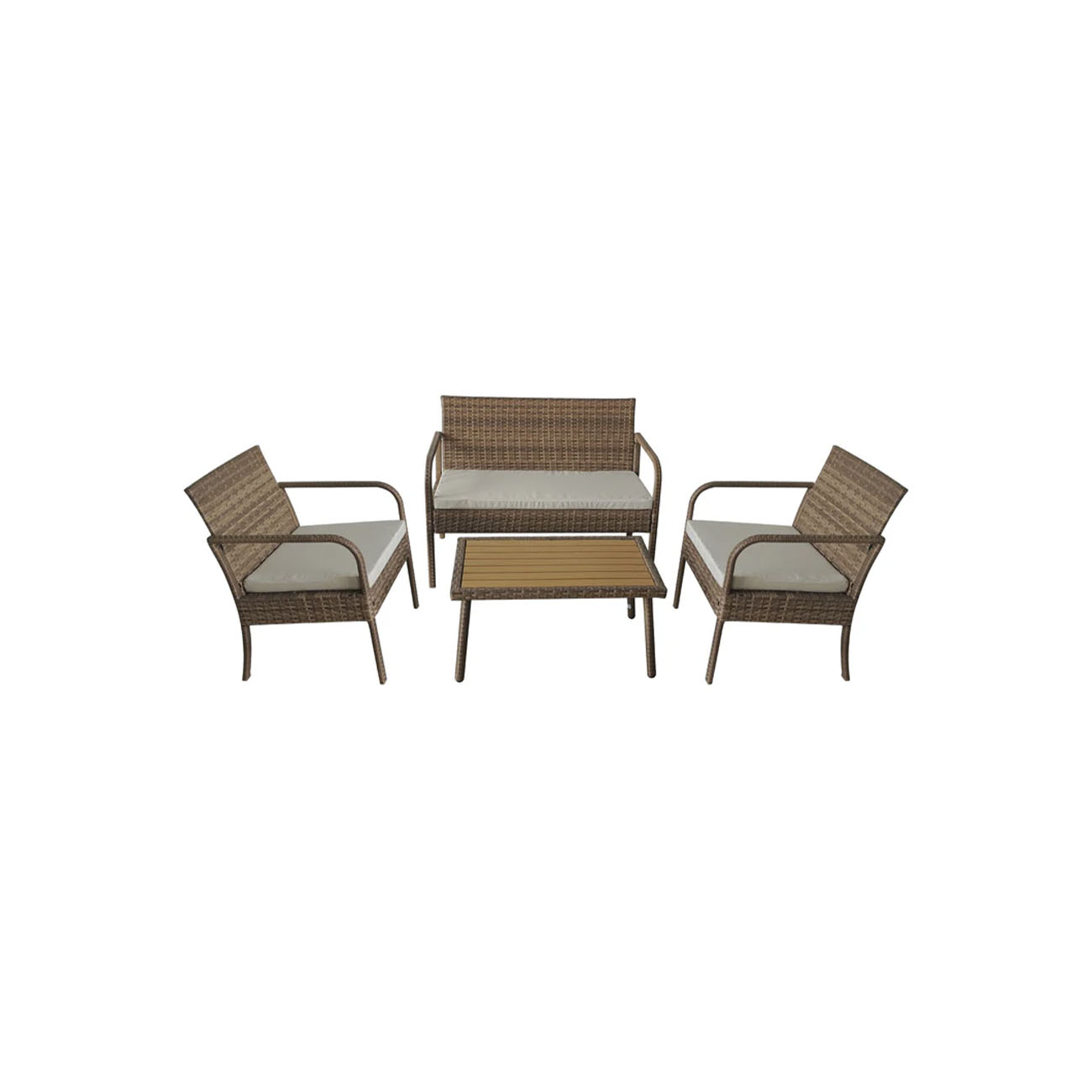 Set de 3 bancas y mesa de centro cuadrada para exterior color cafe