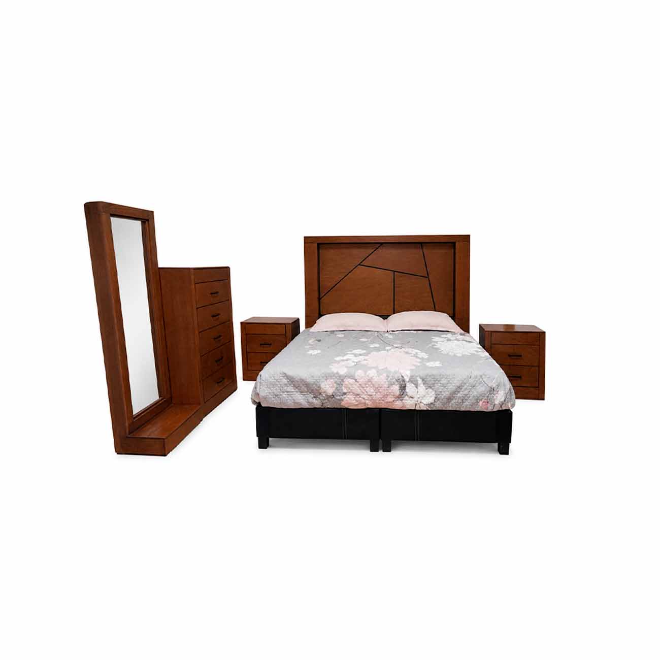 Recamara king size Zen en chapa de ocumé incluye respaldo, dos buro y cajonera con espejo
