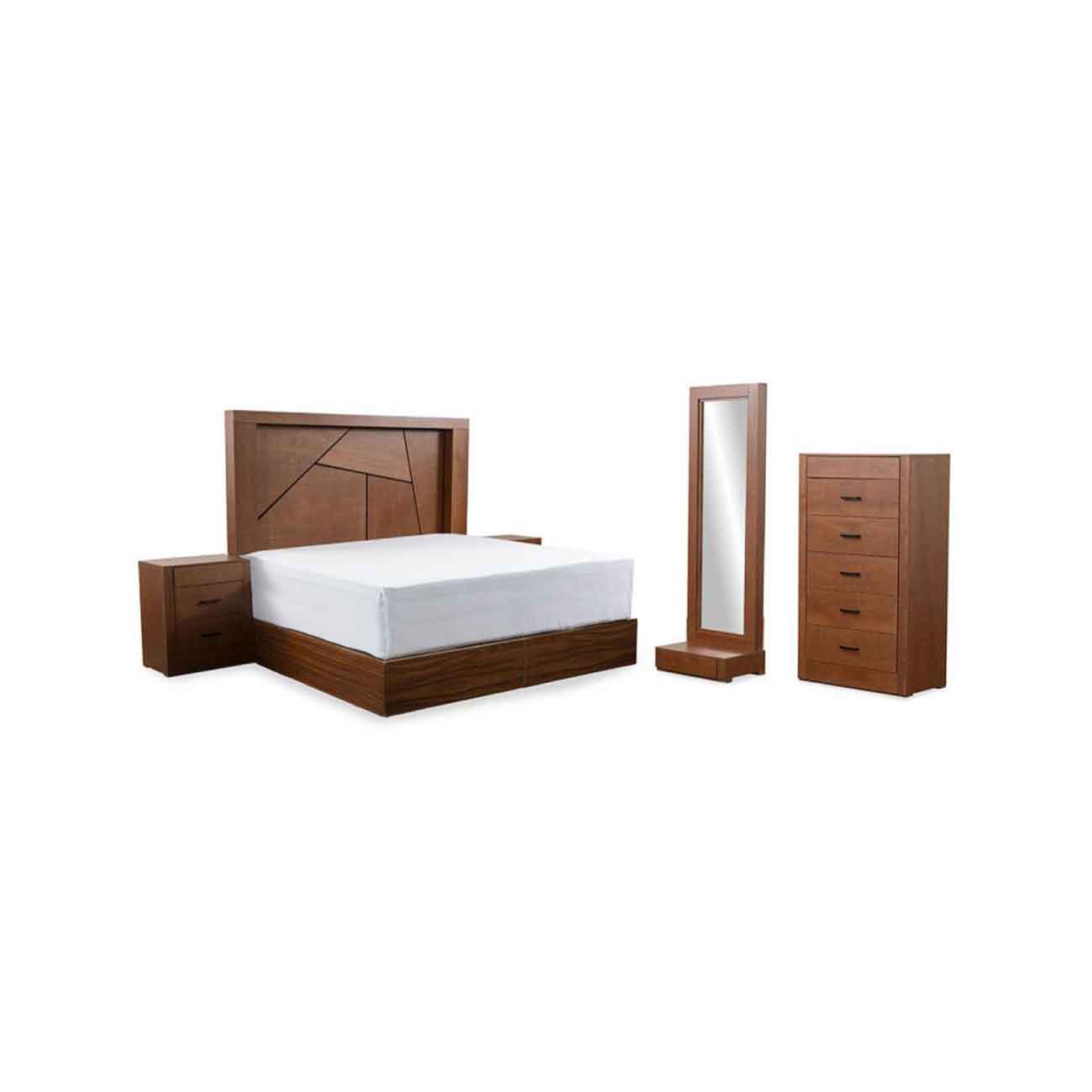 Recamara king size Zen en chapa de ocumé incluye respaldo, dos buro y cajonera con espejo