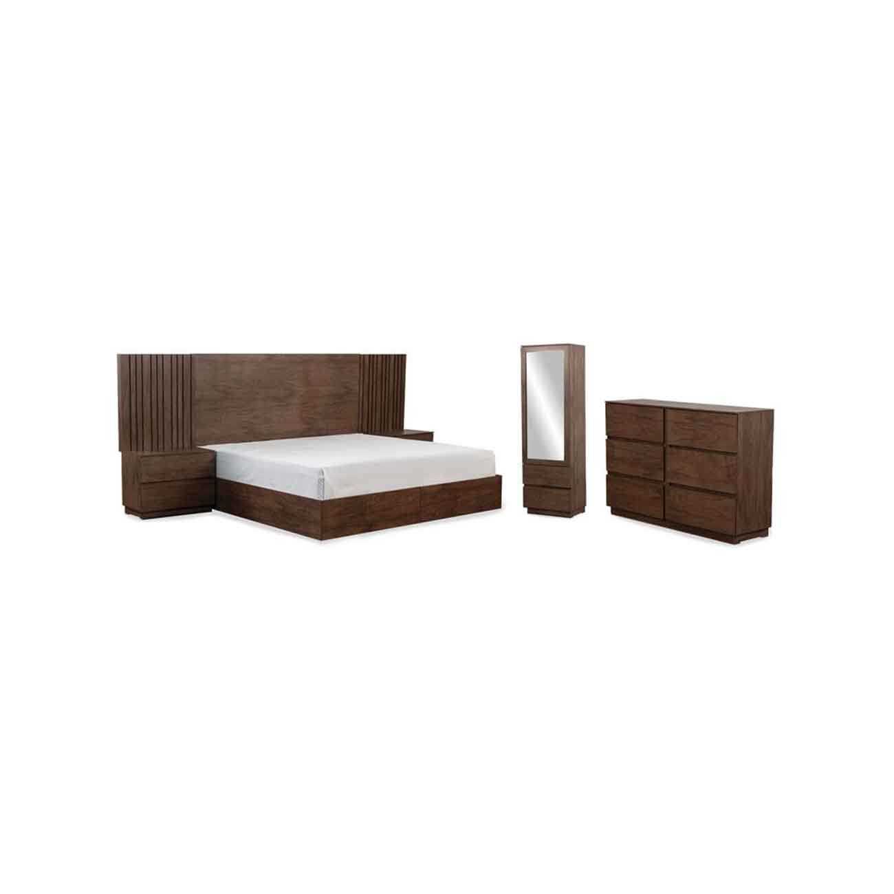 Recamara king size Loana en chapa de ocumé incluye respaldo, dos buro, cajonera y cómoda con espejo