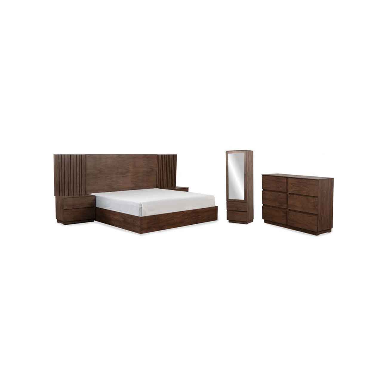 Recamara king size Gianis color cafe claro, incluye respaldo, dos buro, cajonera y comoda con espejo