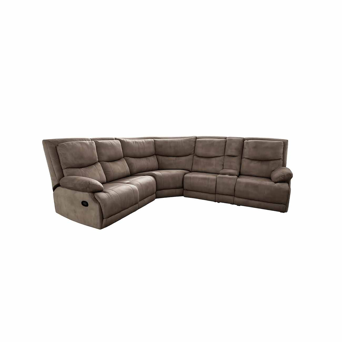 Sala media luna Ozzie color beige con una consola y un reclinable de gatillo